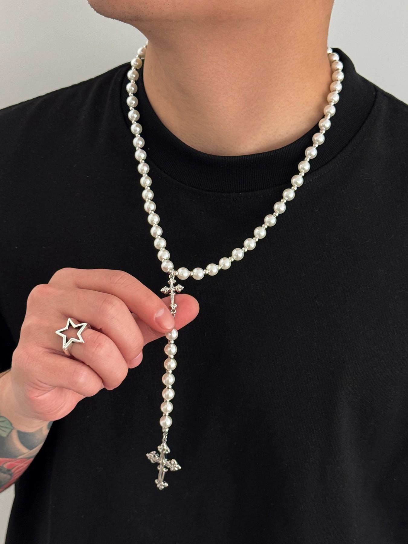 American Vintage Cross Pearl Y-Shape Necklace, Antique Silver Color Pendant, Hip-Hop Men's Accessory, Subculture Fashion Jewelry