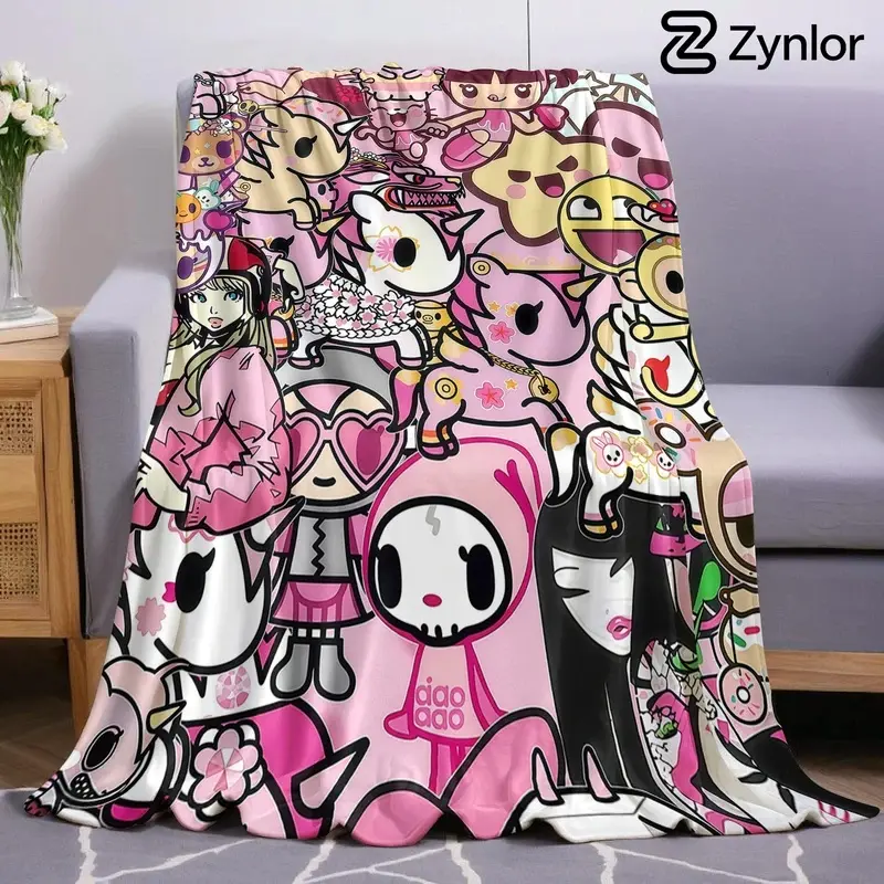 Tokidoki Pink Collage Flannel Throw Blanket, Cute Unicorn-Cactus Friends Cartoon Print, Anti-Pilling Soft Fleece, Multi-Size Girl Room Decor for Bedroom Sofa, Travel Camping Gift