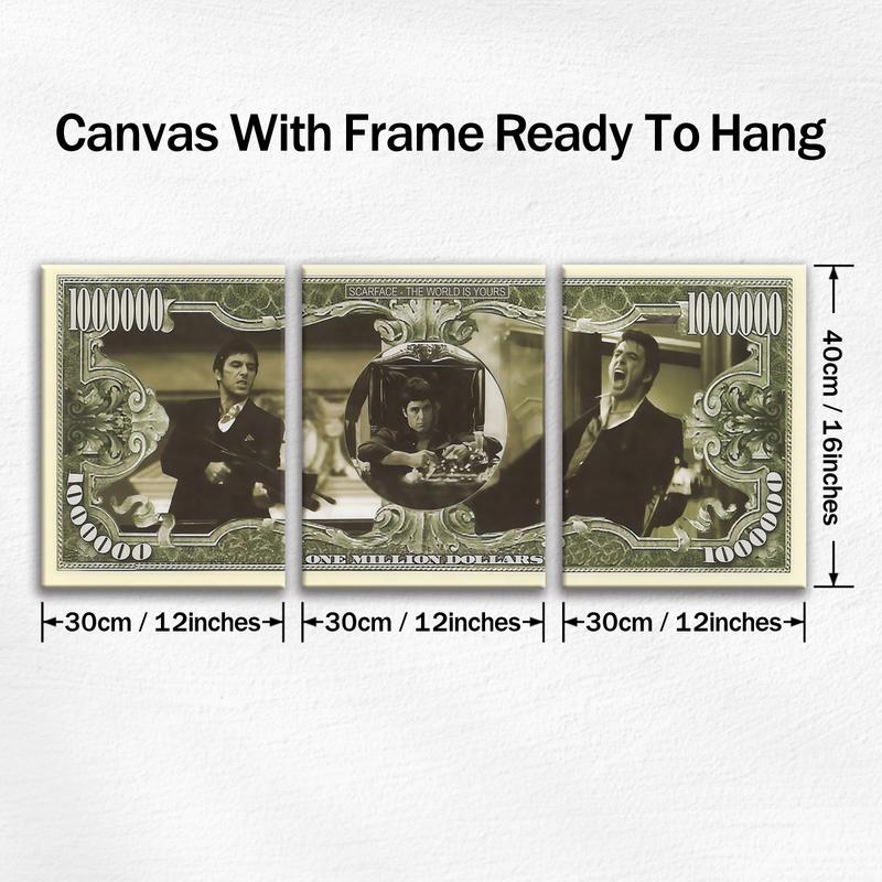 3 Count wooden frame canvas, Gangster Legend Money Pattern poster, Vintage Money Art Decoration, Exquisite Mural, Stylish Bedroom Decoration, Modern Home Decoration, Living Room and Hallway Wall Decoration, HD, waterproof, Art