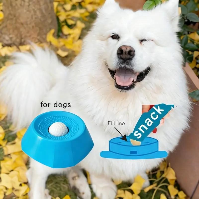 This interactive slow feeder bowl for large dogs and cats combines a silicone licking surface with a puzzle ball to slow eating and reduce anxiety.The calming design helps relieve coughs.Replacement balls are included for longer use enrichment pet buttons