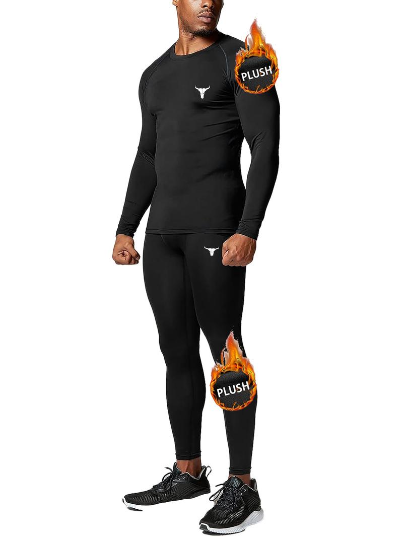 2-Pack Men’s Thermal Base Layer Set – Compression Garment, Fleece-Lined Compression Top & Pants with “Bull Head” Print, Warm Stretch Gear for Cold-Weather Running, Skiing, Hiking & Winter Outdoor Training