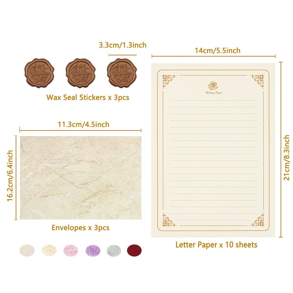 Letter Writing Set 3 Envelopes Wax Seal Stickers 10 Sheets Paper Vintage Gift for Stationery Lovers