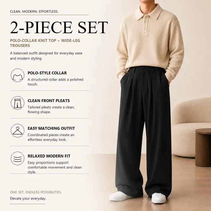 Men's Coordinated 2-Piece Knit Outfit, Polo Collar Ribbed Knit Sweater with Wide Leg Tailored Pants, 8 Curated Solid Color Pairings, Sizes S-XXL, Daily Work Travel Style, Group 13