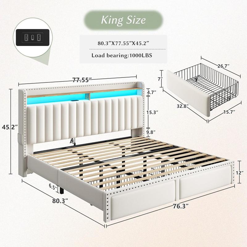 Luxury King/Queen/Full Bed Frame with Storage Shelf & 2 Drawers,NO MATTRESS, Upholstered Bed Frame with LED &Power Outlet, Holds 1000lbs, No Noise, Metal Frame & Wood Slats