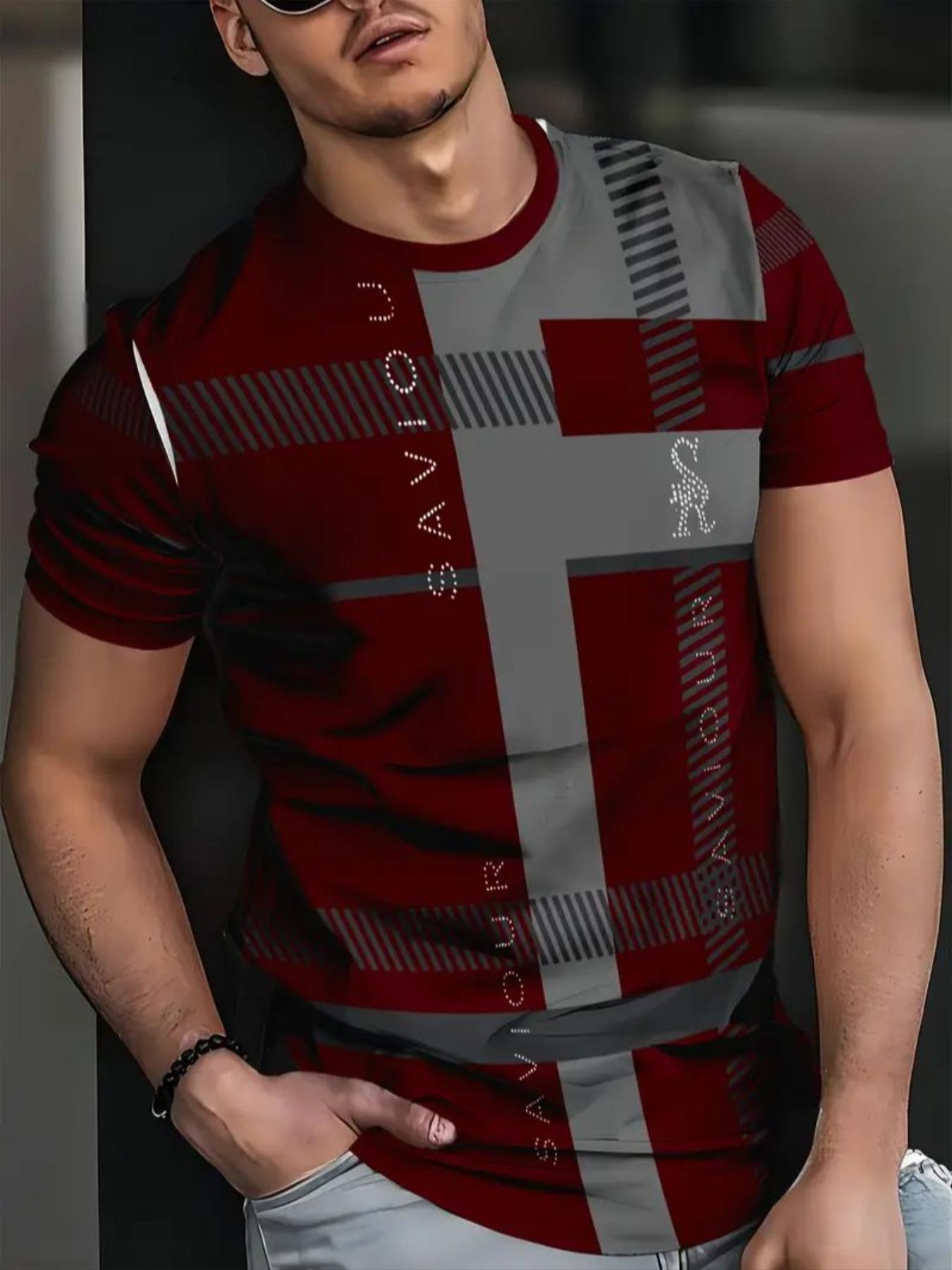 Men's Fashion Casual Streetwear Plaid T-Shirt, 100% Polyester, Round Neck, All Seasons Wear, Fitted Style