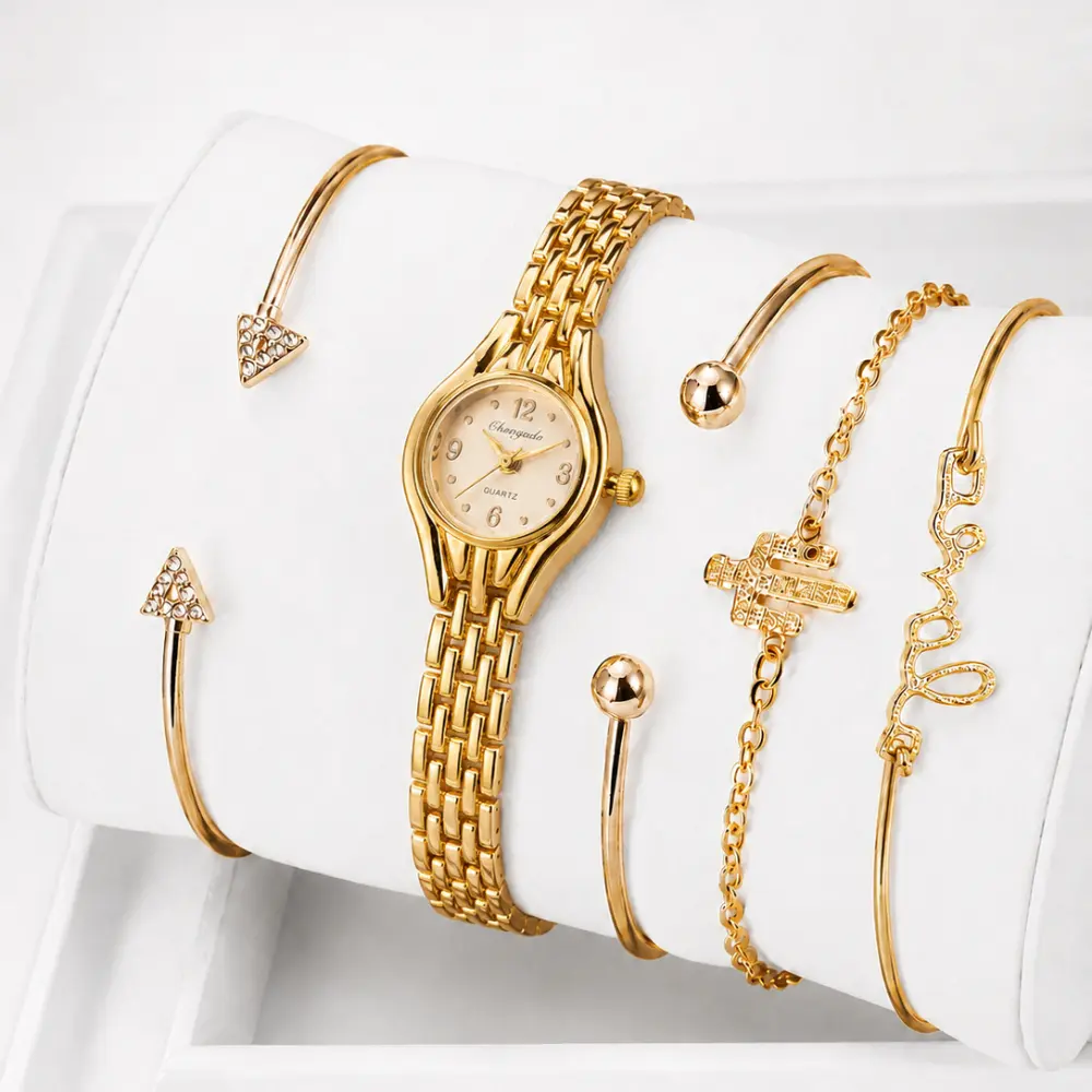 Women's 5PCS Gold-Tone Quartz Bracelet Watch Set - Alloy Strap, Folding Clasp, Quartz Dial, Fashion Bangles, Charm Bracelet, Everyday Use Gift for Party, Birthday