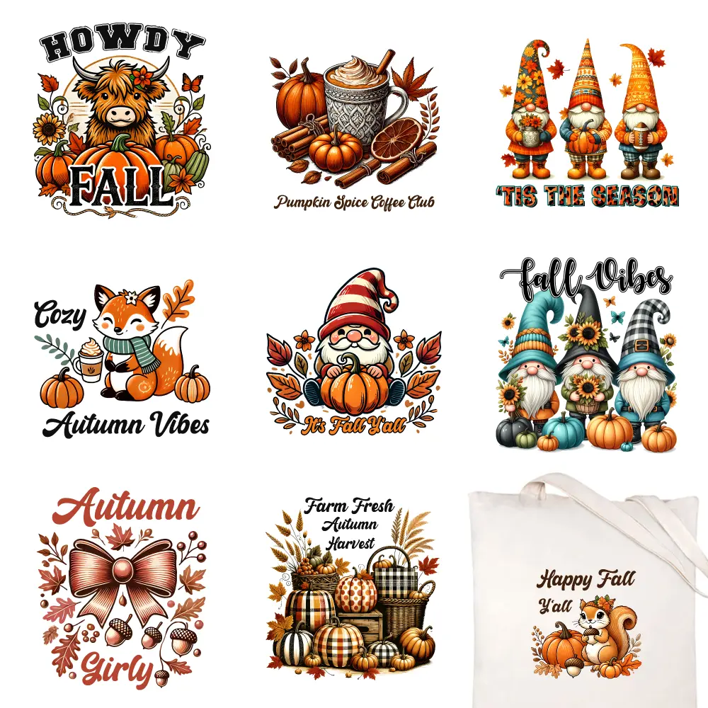 9 Pcs Howdy Fall Pumpkin Spice Tis The Cozy Autumn In Fall Fall Vibes Autumn Girly Farm Fresh Happy Fall Iron on Transfers Iron On Transfer Patches iron on decals casual style. Press Washable Stickers DTF Transfers Ready Transfers
