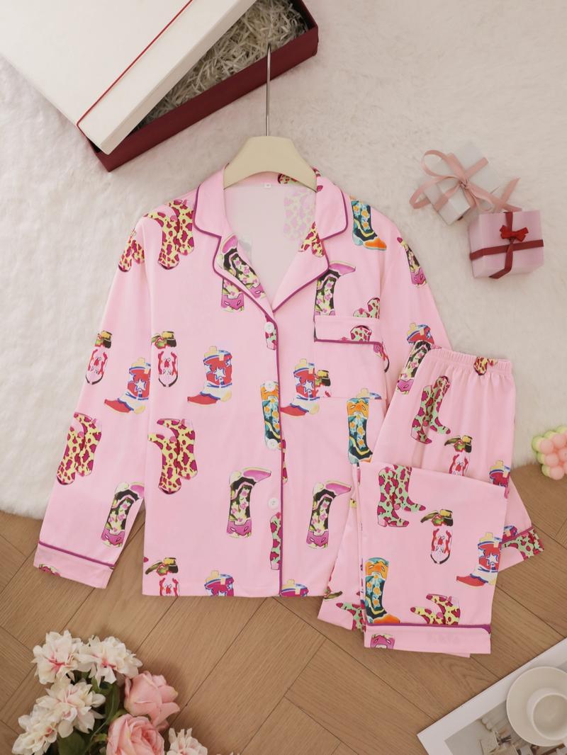 Women's Shoes Print Top & Pants Pyjama Set, Casual Comfy Long Sleeve Lapel Neck Top & Trousers Pyjama Set, Ladies Sleepwear for Spring & Fall, Casual Comfy Pajama