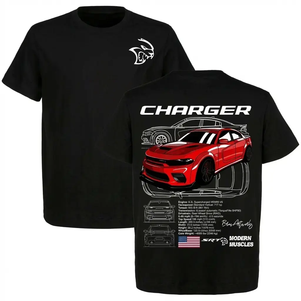 Men's Dodge Charger Hellcat Red  Short-Sleeve Round Neck T-Shirt - Red Muscle Car Blueprint & Spec Graphic Mopar Streetwear Top, Car Enthusiast Gift, Regular asual Stylish  Top,outdoorfun
