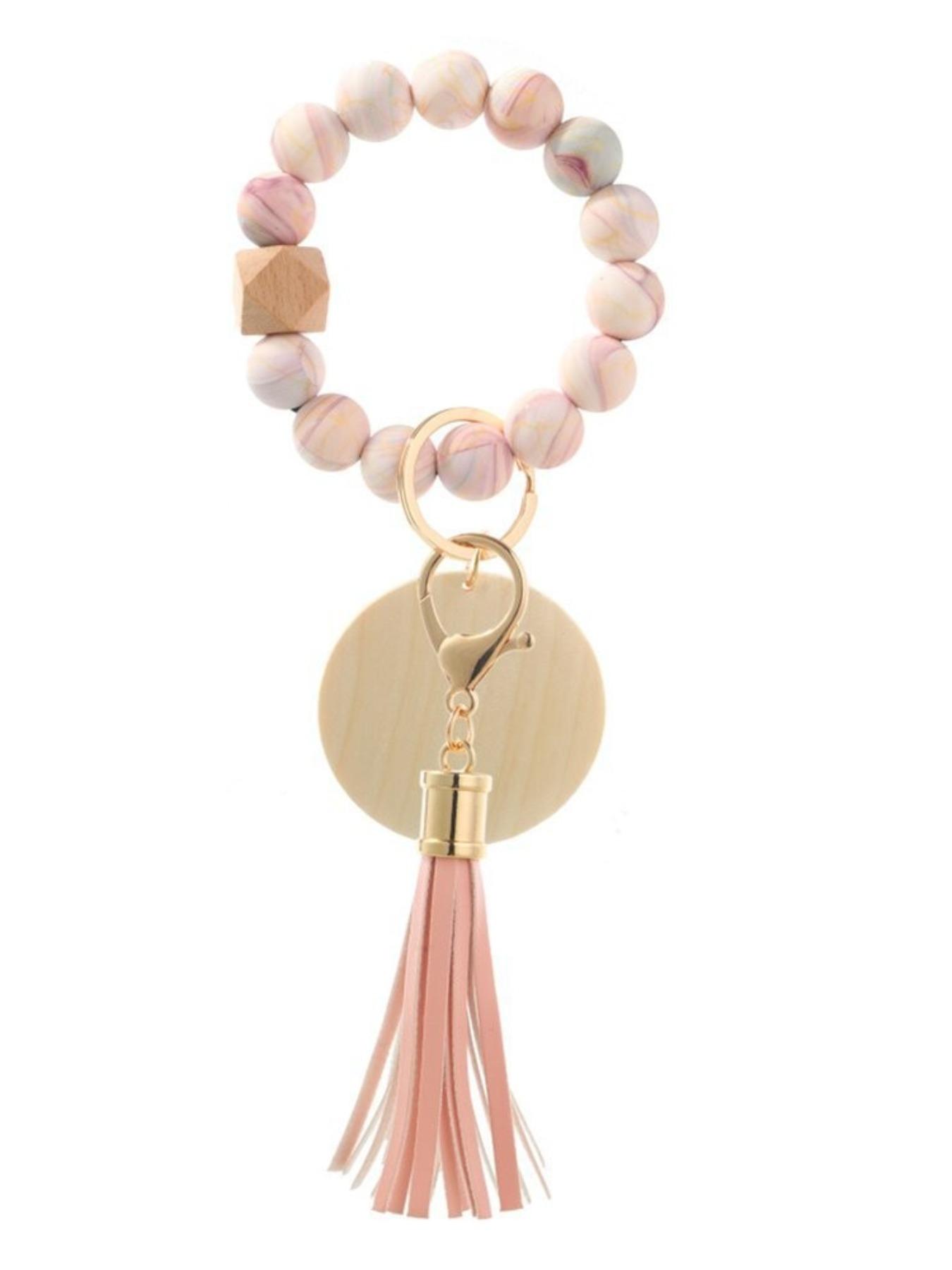 Women's Leopard Print Silicone Bead Wood Bead Tassel Bracelet Keychain, Printed Silicone Bead Wood Slice Wrist Keychain Logo Wooden Plate