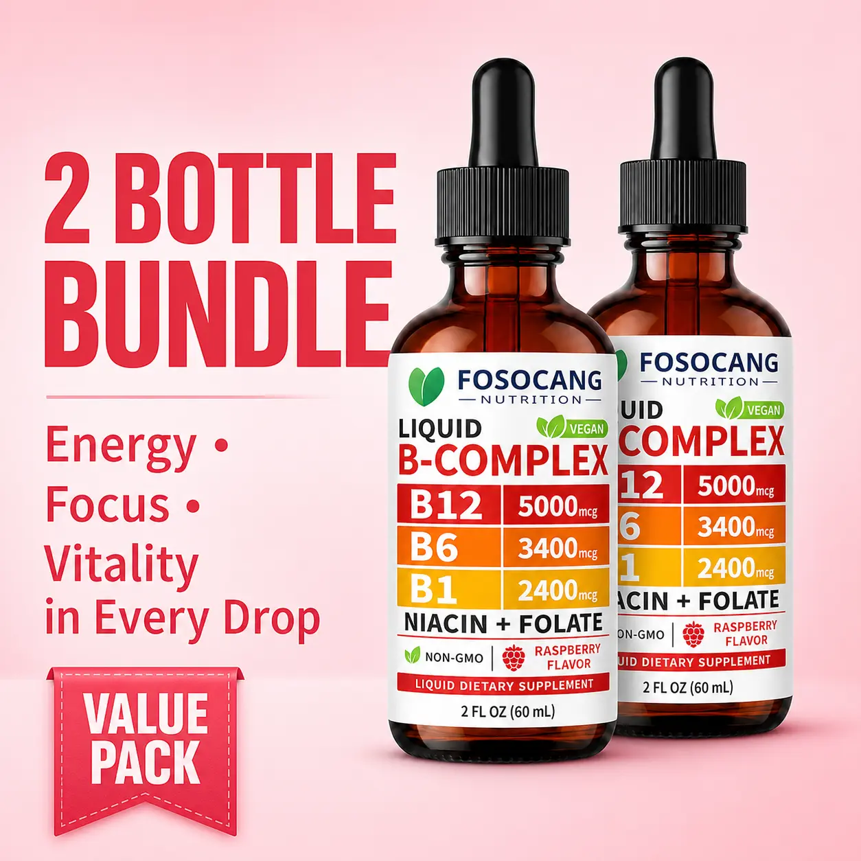 Vegan B Complex Liquid Drops |   B12 5000mcg, B6, B1, Niacin & Folate Supplement |   Support Daily Energy & Focus, Raspberry Flavor