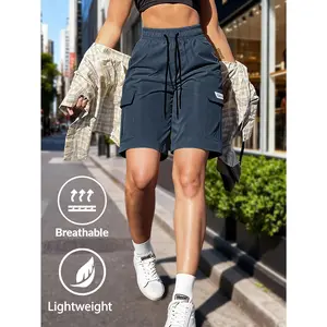 Summer Womens Utility Casual Cargo Shorts | Airy Lightweight Breathable Material, Custom Drawstring Elastic Waist for Flexible Comfort Fit, Roomy Side Cargo Patch Pockets for Daily Essentials, Trendy Solid Tone Knee-Length Cut, Great for Street Style Outi
