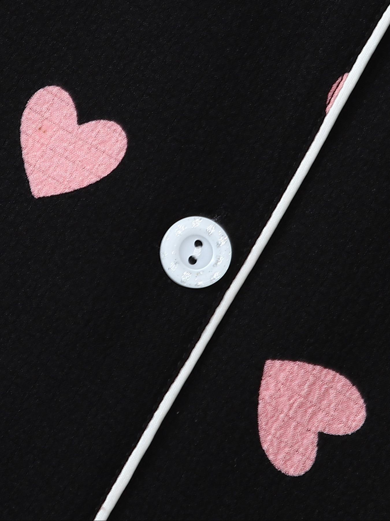 Women's Two-Piece Pajama Set, Fitted Casual Comfortable Woven Lapel Pocket Heart Shirt Short Sleeve + Elastic Waist Home Pants, All-Season Sleepwear Loungewear