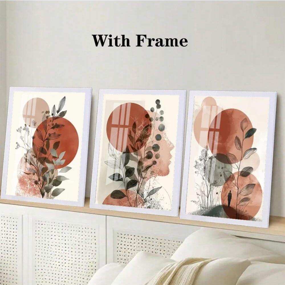 3-Piece Optional Wooden Frame Bohemian Terracotta Geometric Leaf Abstract Floral Art High Color Reduction Flat Surface Minimalist Home Background Decor