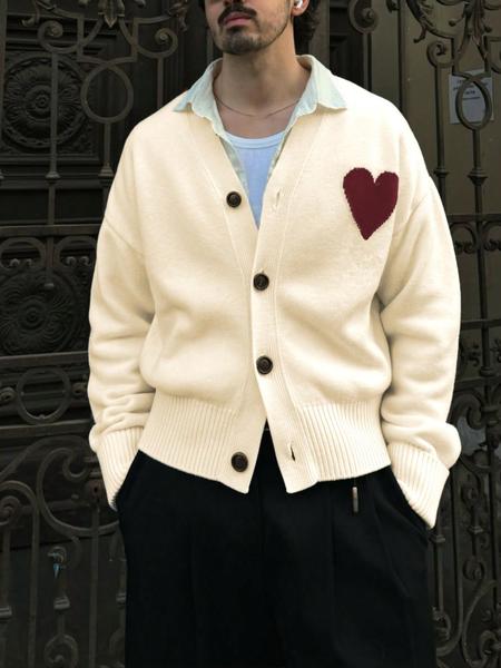 Men's Heart Pattern Knit Cardigan, Casual Loose-Fitting Long Sleeve Sweater, Lightweight Layering Piece for Fall & Winter