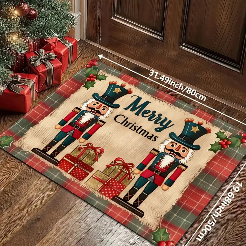 1pc Flannel Nutcracker Pattern Rectangular Cozy Decorative Rug, Flat Printed Non-Slip Entry Doormat, Suitable for Living Room, Bedroom, Kitchen, Bathroom, Patio, Home Decor, Holiday Decor, Christmas Decor Merry Christmas