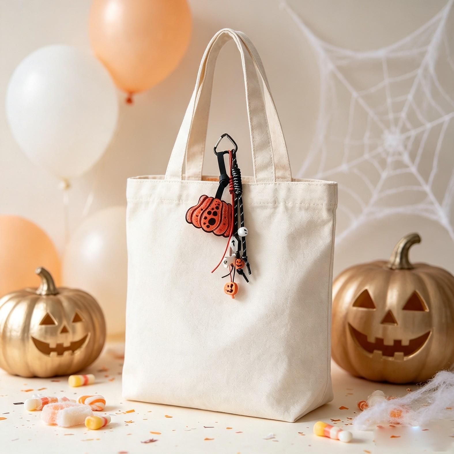 Halloween Pumpkin Bag Charm Keychain, Cute Ghost Spider Web Pendant, Spooky Leather Carabiner, Gothic Trick or Treat Accessory