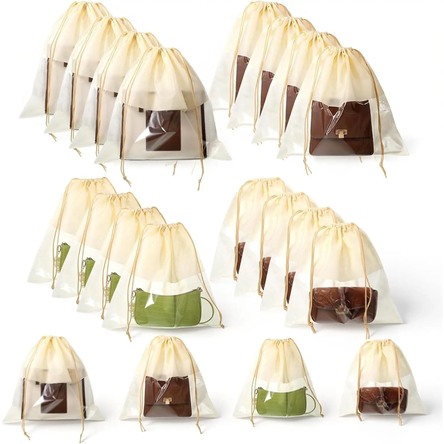 16 count  Drawstring Bags, 4 Sizes Beige Transparent Design Purse Dust Storage Bags Non Woven Fabric Cloth Pouch String Packing Organizer Shoe Pouch Handbags Covers