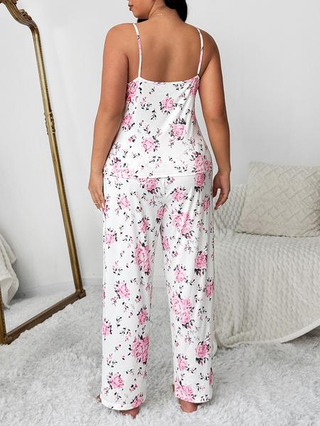 Plus Size Floral Print Robe Set for Women, Fashion Sleepwear, Elegant Comfortable Sleepwear, Sleeveless Top & Long Pants, Spring & Fall Home Wear