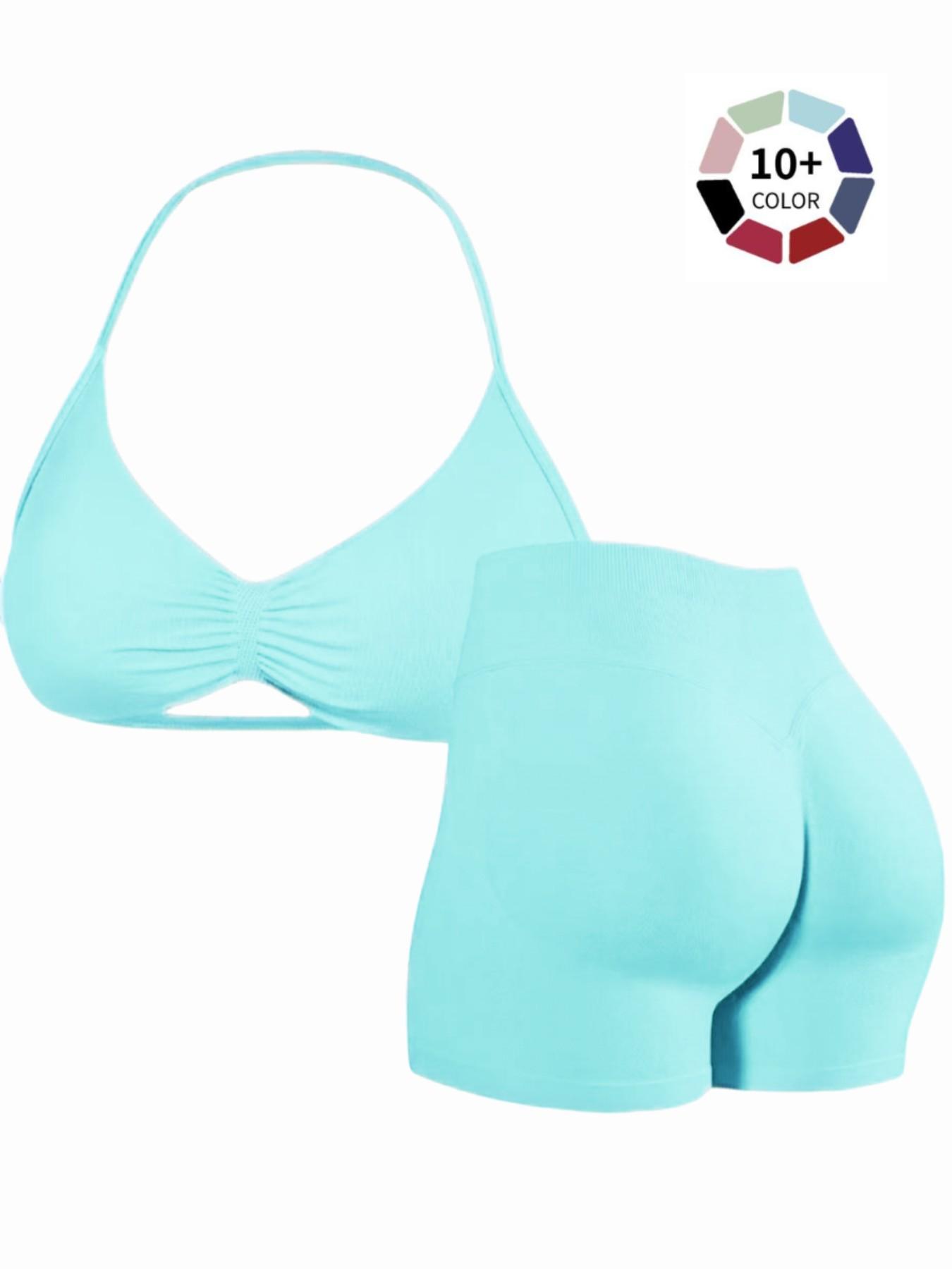 Women's Two-Piece Set, Solid Color Halter Top & High Waist Shorts, Sporty Breathable Quick-Dry for Yoga Gym Workout Running