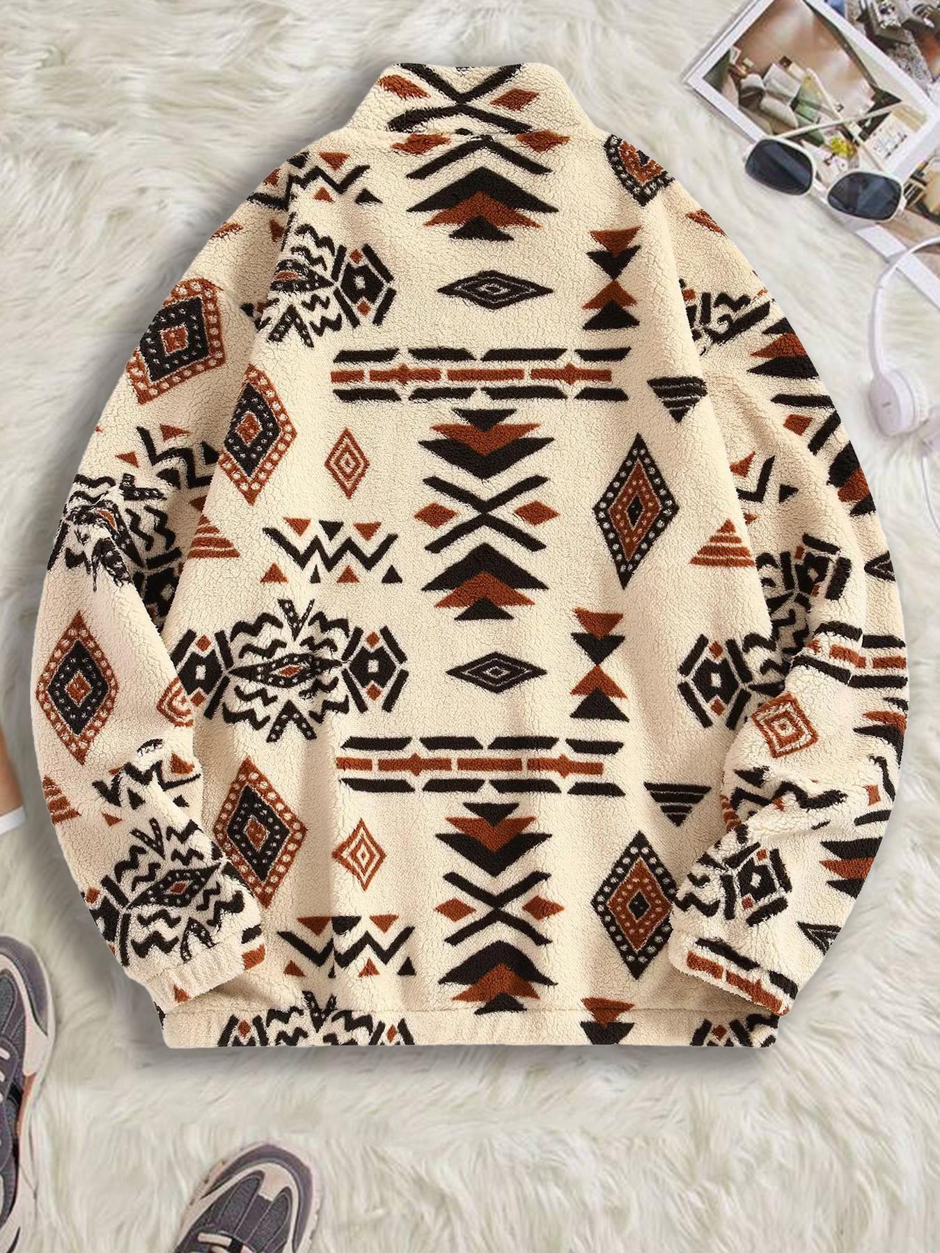 Bohemian Fleece Pullover Jacket, Half-Zip Design, Kangaroo Pocket, Aztec Geometric Pattern, Soft Comfortable Fabric, Fall & Winter Fashion