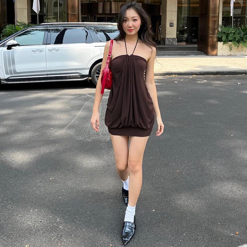 Sexy Back Tie Halter Off Shoulder Solid Mini Dress Women's 2025 Summer New Sleeveless Slip Style Front Draped Dress to Beach Party Club Dating Outfit Dresses