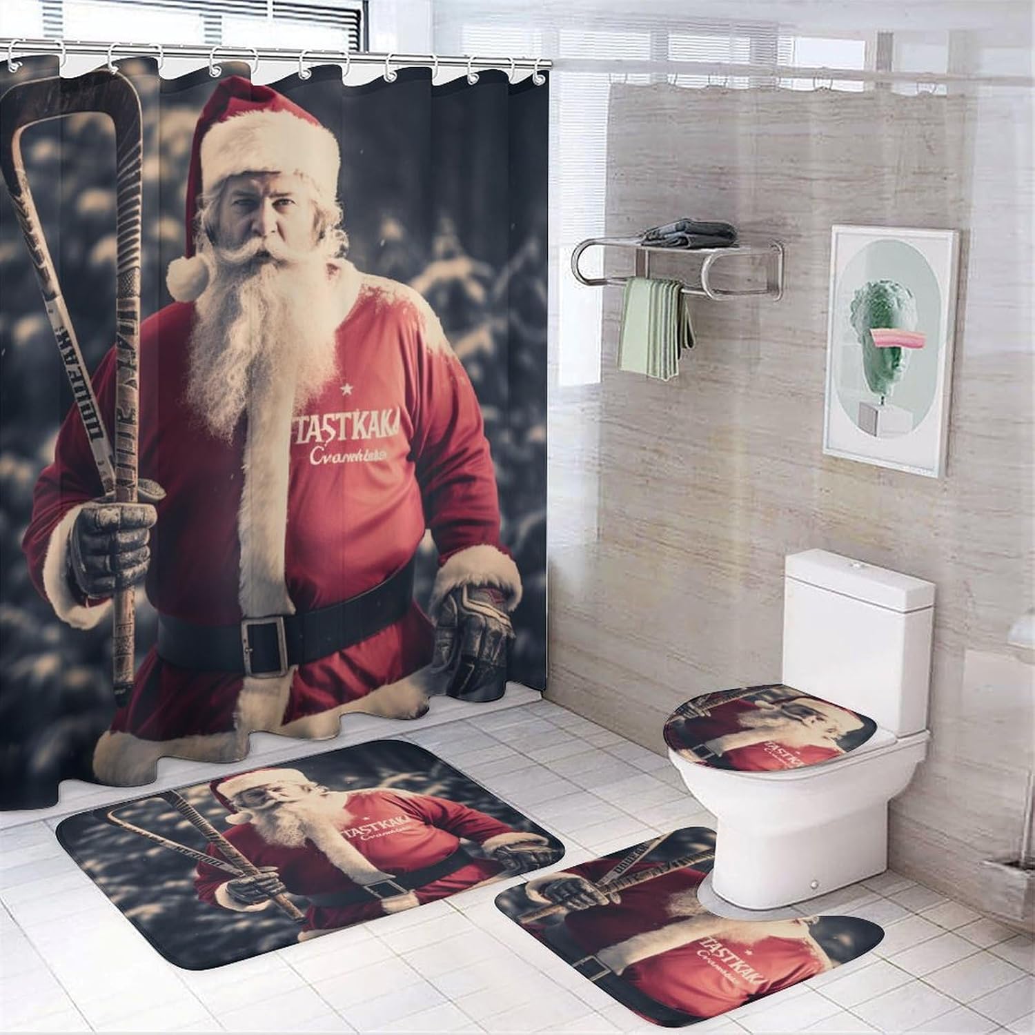 It's Just Chicken Time Shower Curtain 4 Piece Set Bathroom Shower Curtain Set with Rugs Rooster Chicken Holiday Durable and Waterproof for Bathroom Decor