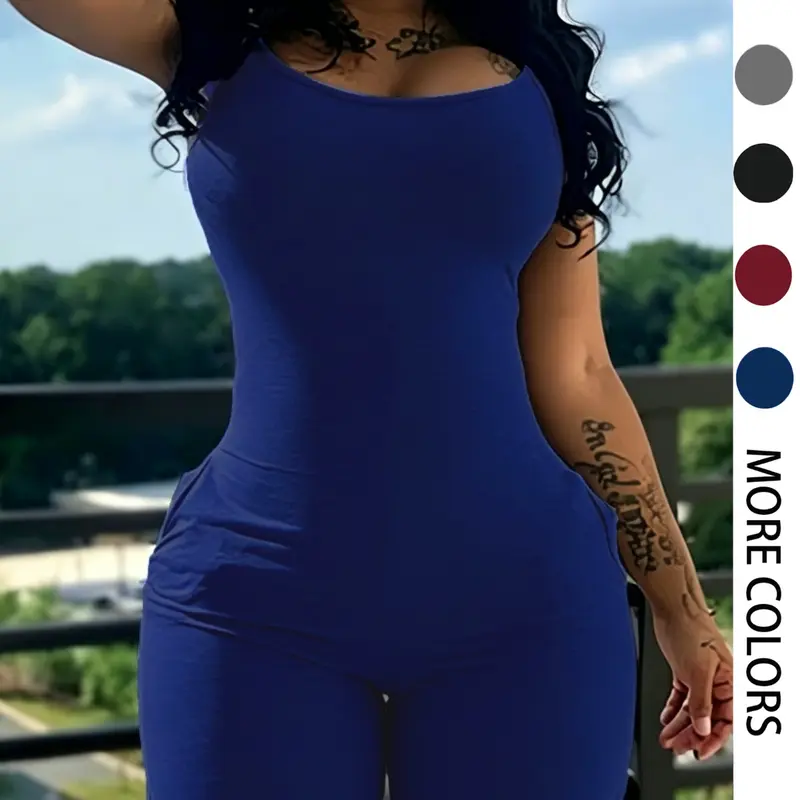 Fashion Casual Women's Bodycon Romper Plain Slim Fit Pocket Sleeveless Adjustable Strap Short Jumpsuit