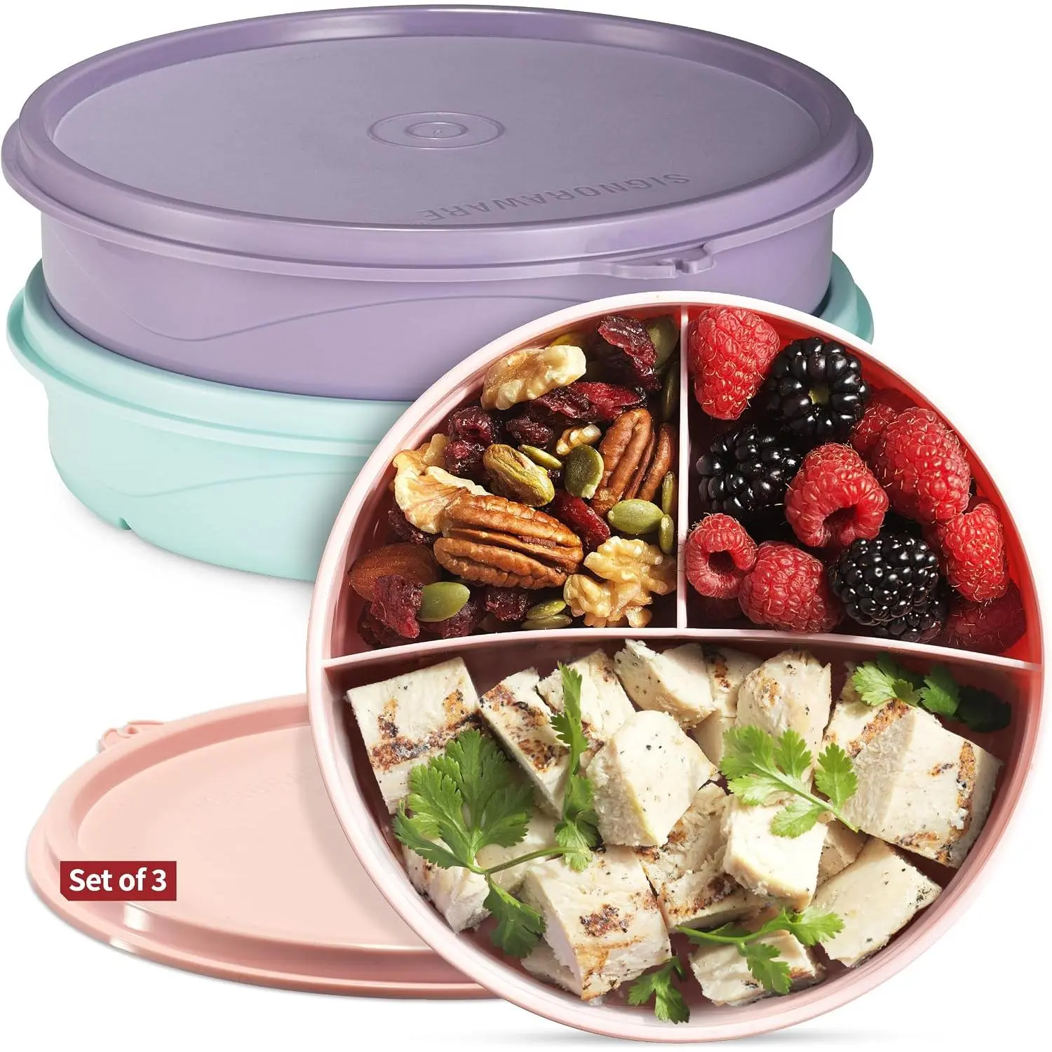 Snack Containers 3-Pack – 3-Compartment Round Snack Containers for Kids and Adults – Stackable Food Storage Containers with Lids – BPA-Free Dishwasher-Safe Snack Boxes for Kids Single Serving