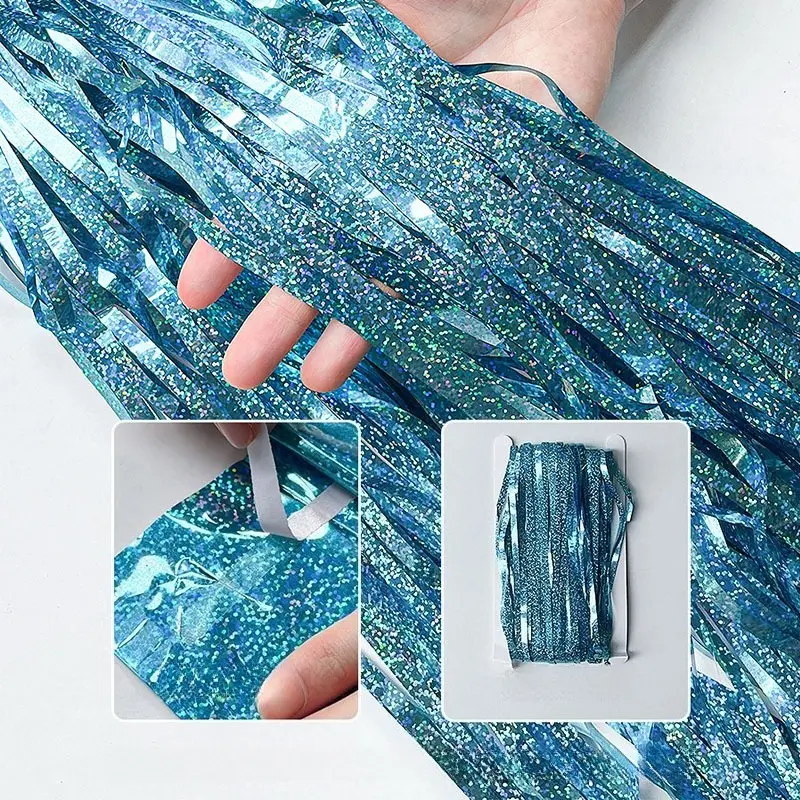 Blue Tinsel Foil Fringe Curtain for Party Backdrop – Shiny Streamers Wall Hanging for Baby Shower, Mermaid Themed Decorations, Birthday Party & Graduation Door Decor