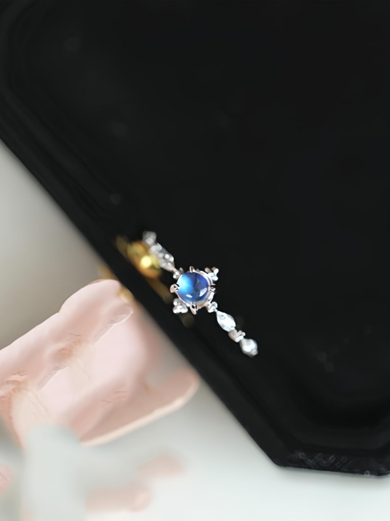 925 Sterling Silver Fashion Blue Moonstone Decorated Cuff Ring, Statement Ring, Vintage Adjustable Ring for Women, Casual Jewelry for Party, Daily Decor, Trendy for Gift