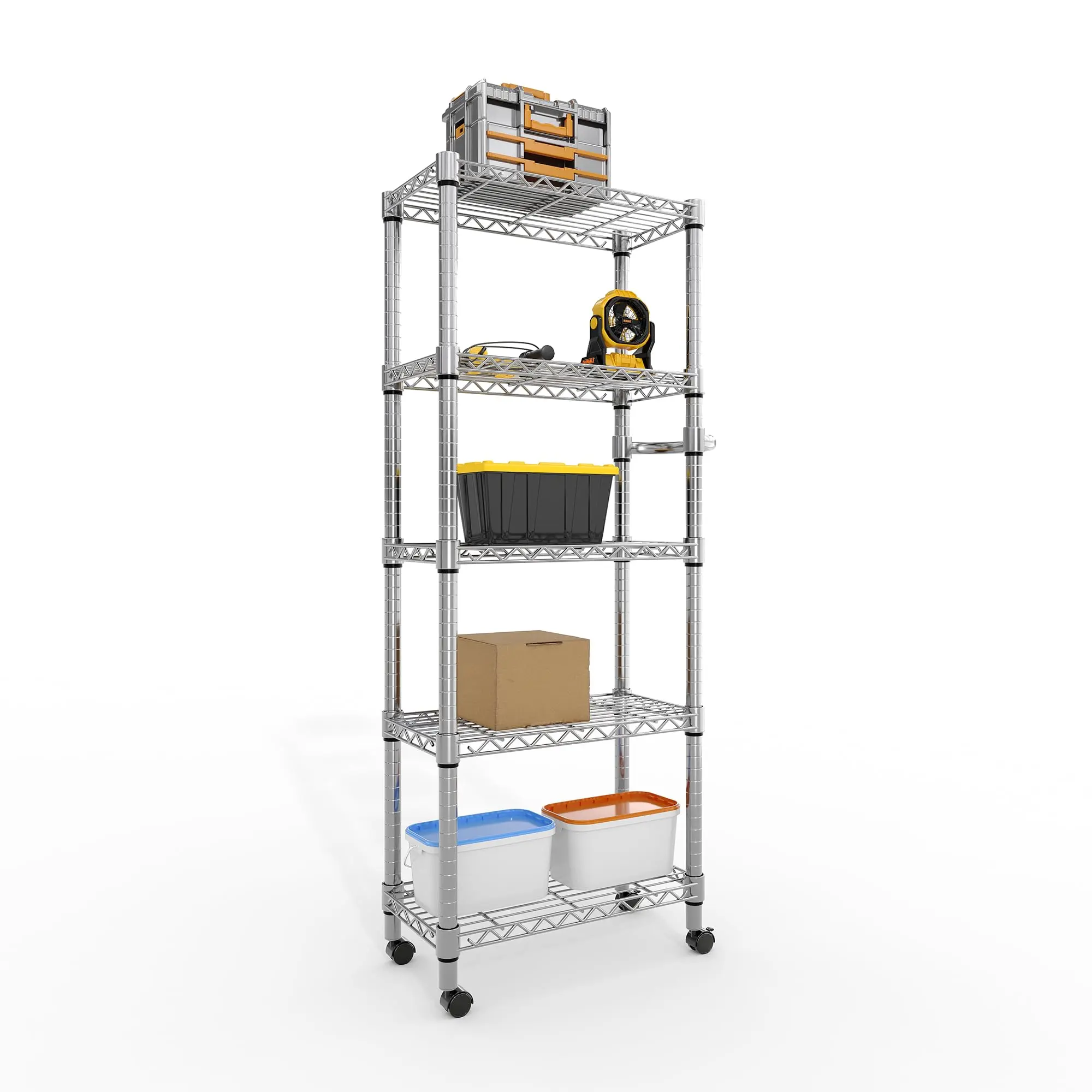 5 Tier Metal Shelving Unit with Wheels and Side Hooks Adjustable Heavy Duty Wire Rack for Kitchen Garage Pantry Space Saving Storage