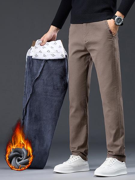 Men's Fleece Lined Denim Jeans, Thickened Outdoor Warm Straight Leg Jeans, Casual Fall Winter Long Trousers, Slim Fit Striped Design