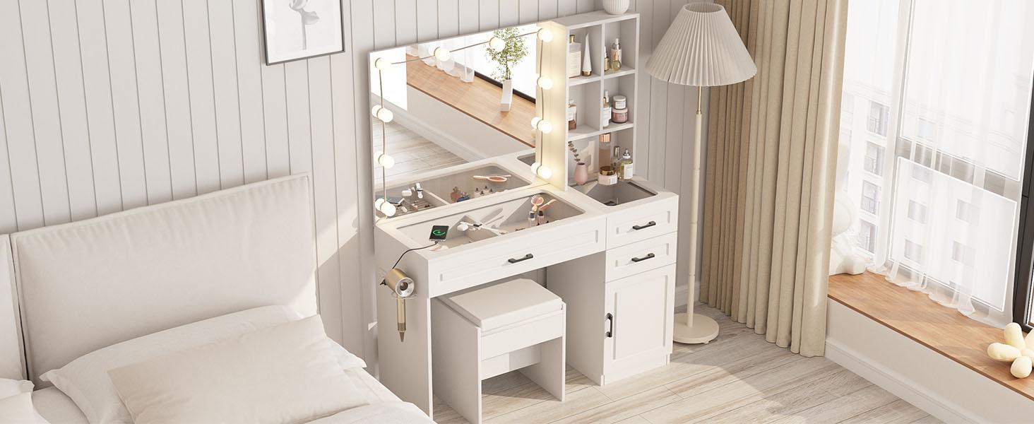Vabches Vanity Desk Large Vanity Table With Glass Top And Lots Storage