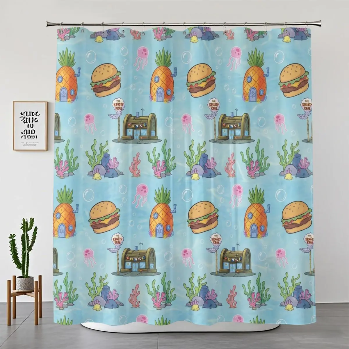 1/4pcs Y2K Nostalgic Under Sea Pineapple House Bathroom Shower Curtain and Mat Set, Funny Fast Food Burger Jellyfish IYKYK Cartoon Restroom Decor Accessories, Non-Slip Rug Waterproof Washable