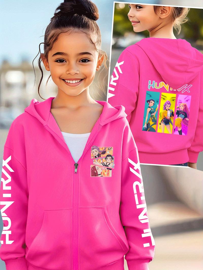 Girls Kpop Demon Hunters Cartoon Print Graphic Print Hoodie, Casual Fitted Jacket for Toddler Girls, Fall & Winter Zipper Sweatshirt