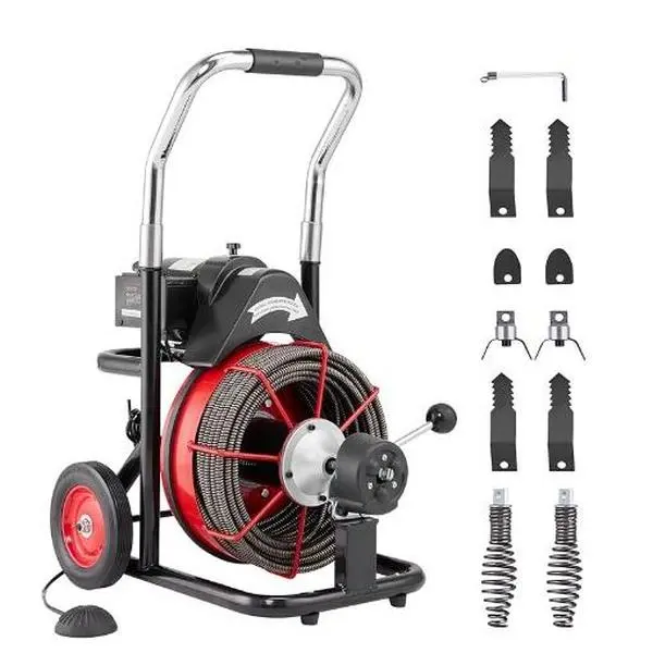 100FT 3/4 Inch Electric Drain Cleaner Sewer Snake Machine, 750W Auto Feed Auger with 10 Cutters Air-Activated Foot Switch GFCI Protection for 4"-8" Pipes