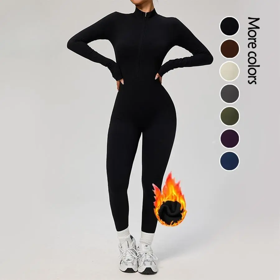 Women's Solid Zip Up Skiing Jumpsuit, Casual Sporty Long Sleeve Jumpsuit for Skiing Cycling, Ladies Sportswear for Fall & Winter, Sporty Comfy Jumpsuit