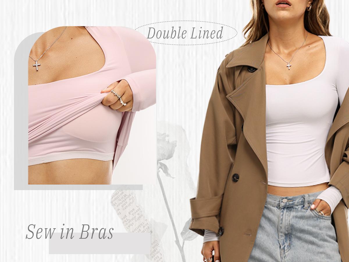 Danysu Double Lined Long Sleeve Tops with Built in Bra for Women Square Neck Nylon Basic Fitted Fall Shirts 2025