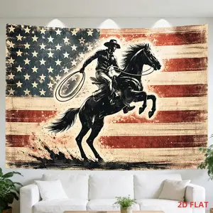 A Large Tapestry Featuring a Cowboy, Horse, Lasso, American Flag, And Rodeo Design, Perfect for Decorating Walls in Bedrooms, Living Rooms, Meditation Spaces, Offices, Or for Parties.