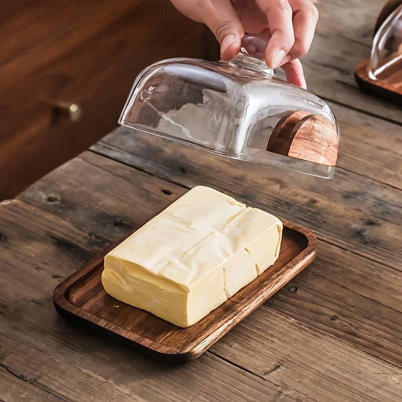 A Wooden Butter Dish with a Glass Lid And Wooden Knife, Suitable for Butter, Cheese, And Snacks - a High-Quality Essential for Kitchen Baking, Featuring a Covered Butter Dish, a Snack Serving Tray, Elegant Table Decor, And Durable Kitchenware