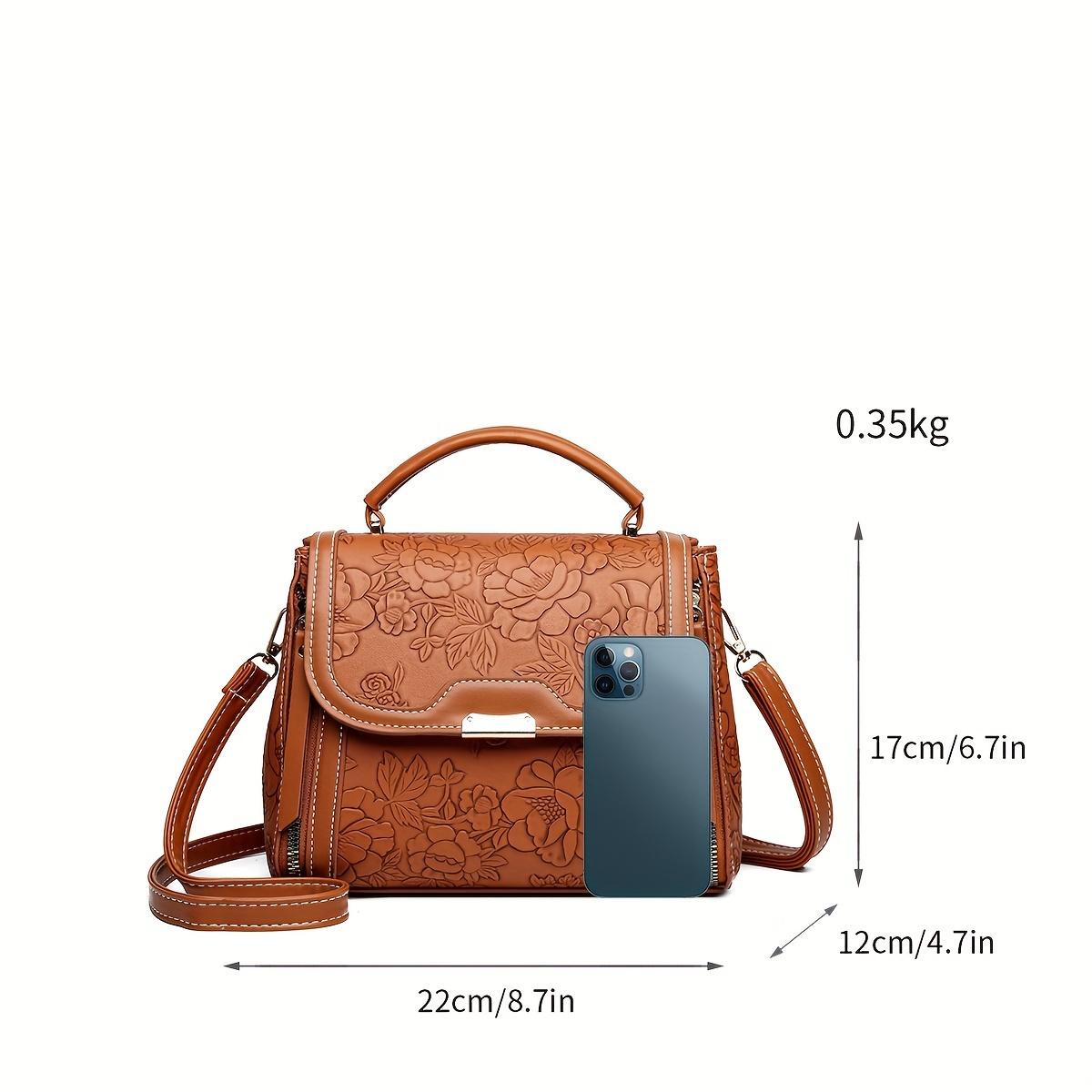 Ladies' Elegant Flower Embossed Handbag - Brown/Red/Black