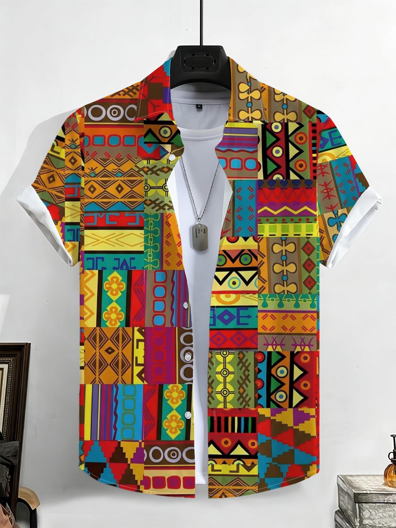 Summer New Men's Short Sleeve Shirt, Vintage African Ethnic Geometric Print, Casual Breathable Beach Holiday Hawaiian Shirt