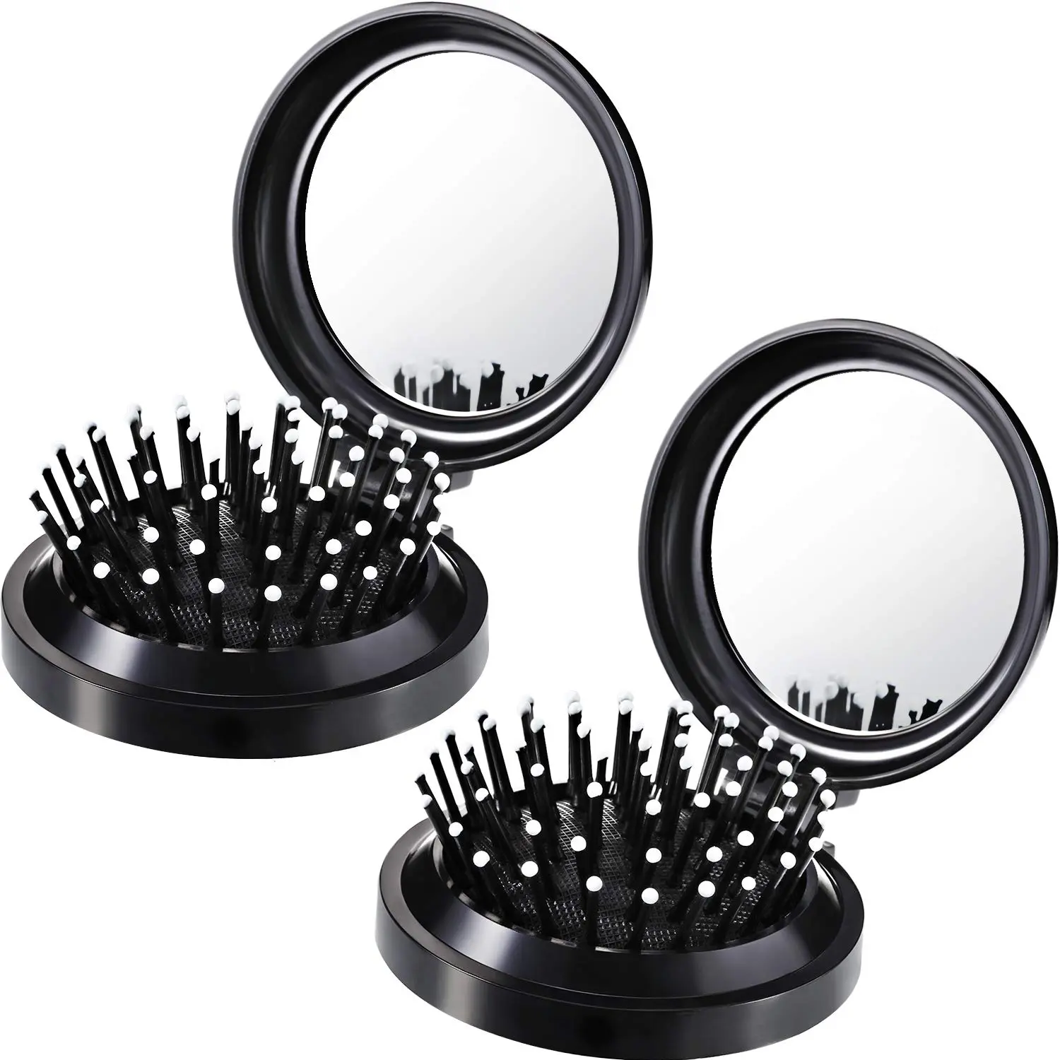 Two-piece foldable travel hairbrush set, with pocket mirror, black, round shape |   Unisex travel portable comb, massage bristles with a spherical brush head, foldable and can be stored in a protective case, convenient to carry, suitable for gym use: beau