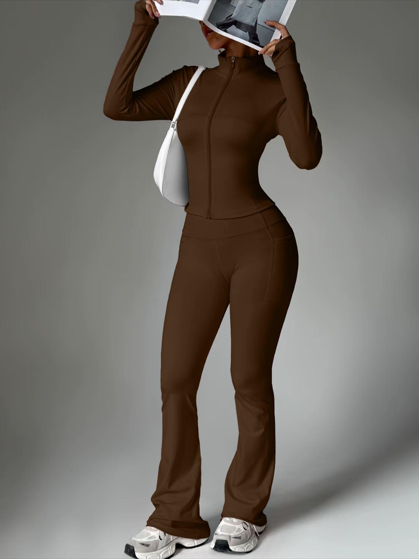 Women's Solid Color Zipper Jacket & Pocket Flare Pants Set, Athleisure Wear Set, Perfect for Yoga & Gym & Outdoor Use, Comfortable Breathable Outfit for Autumn Winter