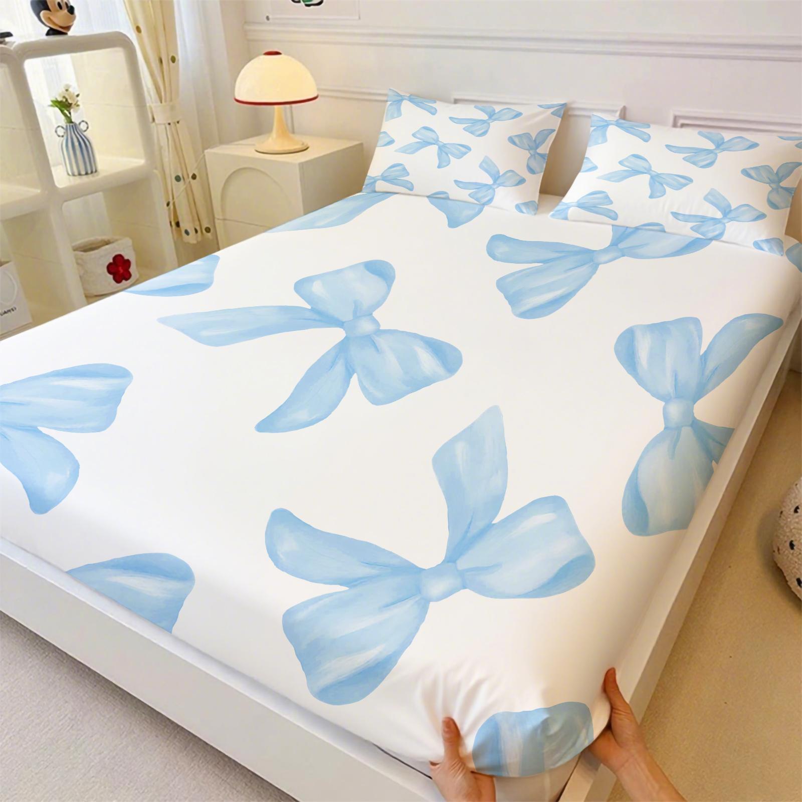 Y2K Watercolor Nude Pink Bow Microfiber Fitted Sheet Set, Soft Comfy Bedding, Includes 1 Fitted Sheet & 2 Coreless Pillowcases, Soft, Breathable Fabric, Deep Pocket Anti-Slip All Season Bedding Set, Princess Style Bedroom Decor