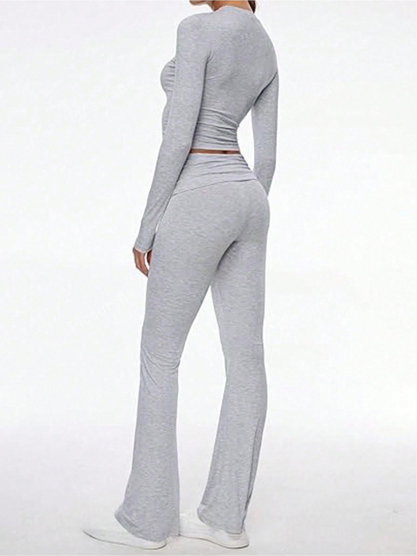 Women's 2/6 Piece Matching Set Long Sleeve Deep V Neck Crop Top and Foldover Flare Leggings Yoga Outfit Flare Pants Tracksuit