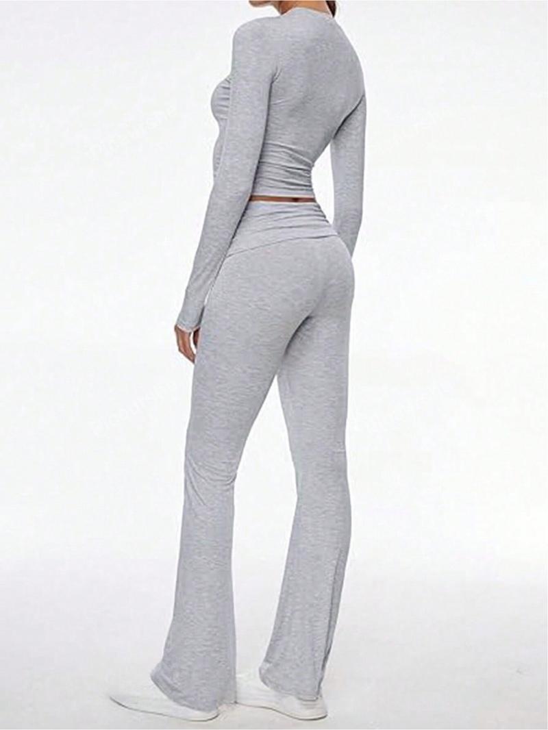 Women's 2/6 Piece Matching Set Long Sleeve Deep V Neck Crop Top and Foldover Flare Leggings Yoga Outfit Flare Pants Tracksuit