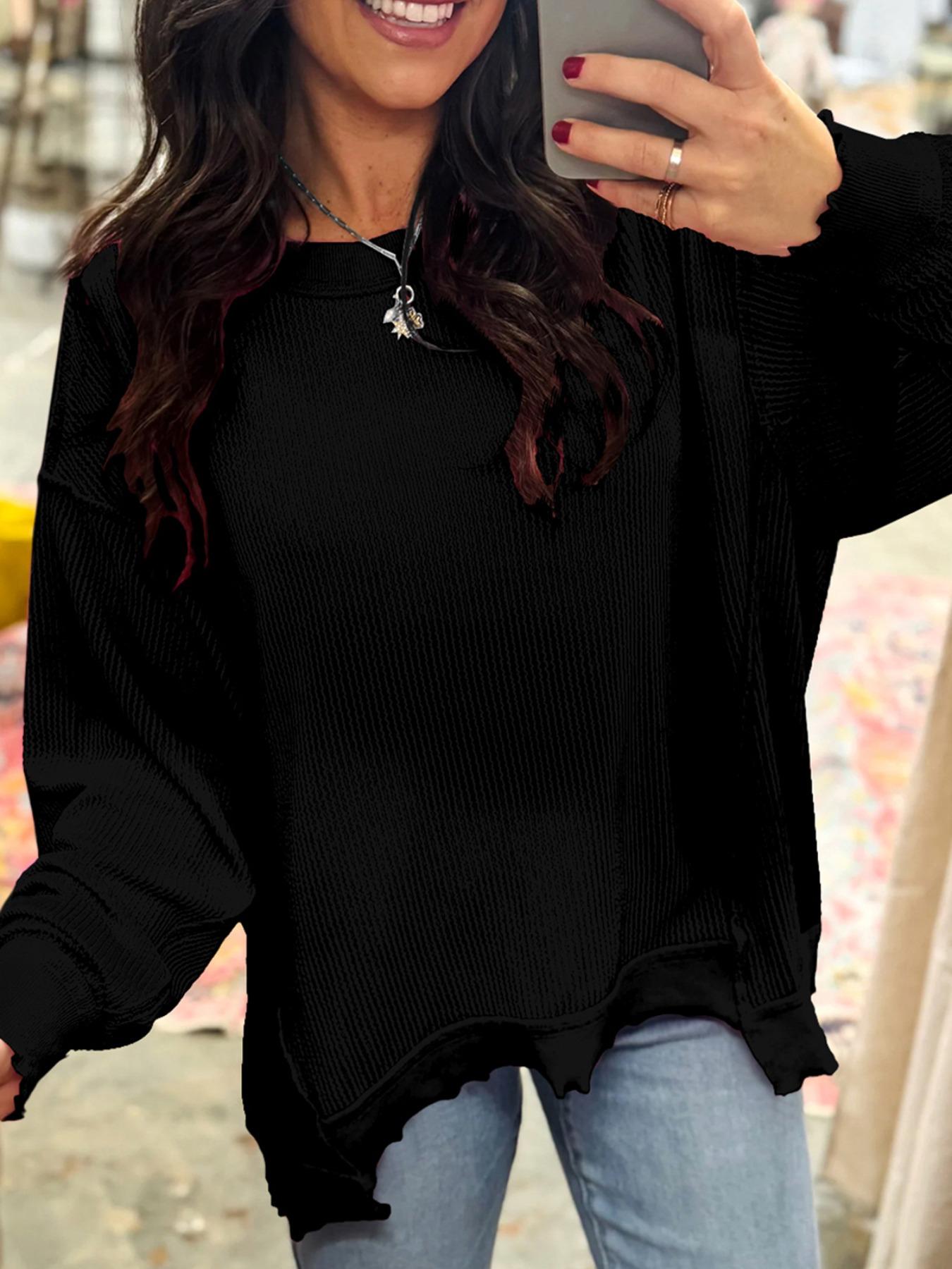 Spring & Fall Casual Women's Solid Color Twisted Ribbed Asymmetrical Hem Loose Drop Shoulder Long Sleeve Knit Top