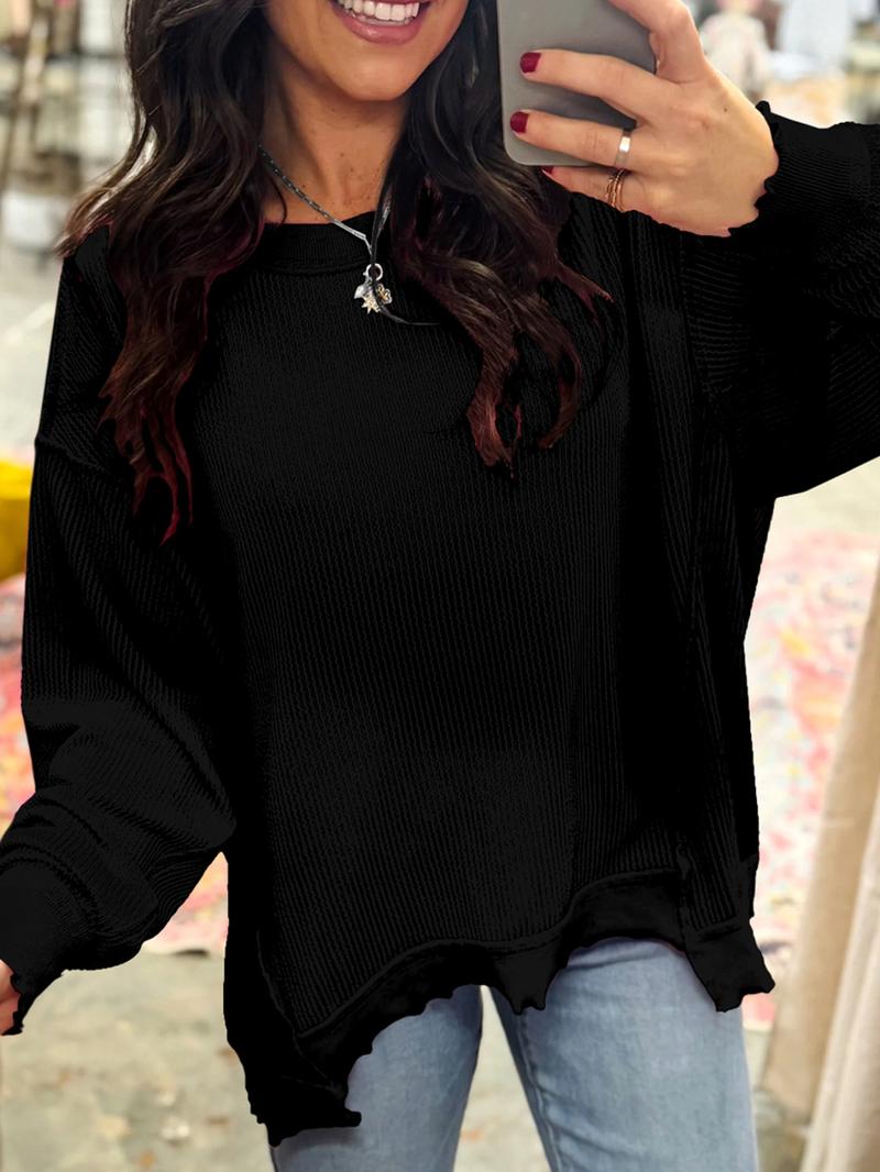 Spring & Fall Casual Women's Solid Color Twisted Ribbed Asymmetrical Hem Loose Drop Shoulder Long Sleeve Knit Top